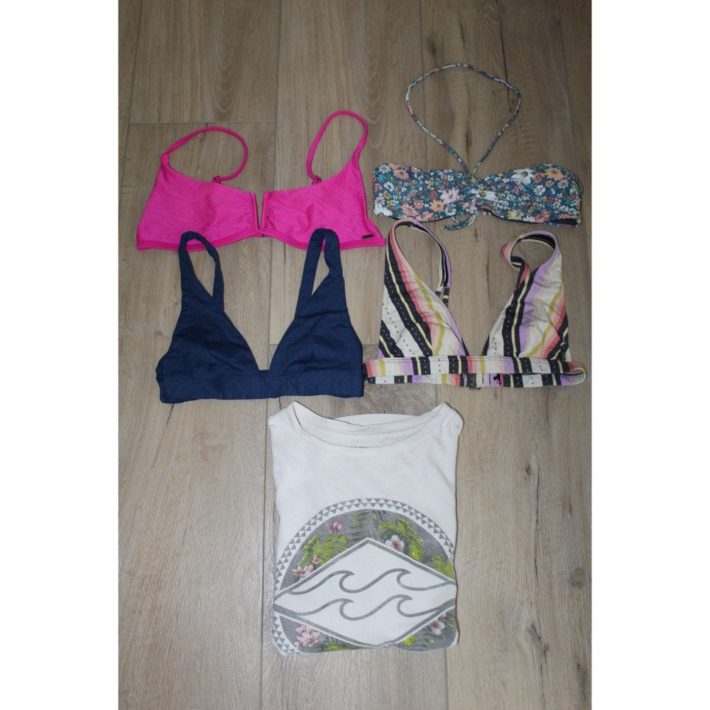 Billabong Rip Curl O'Neill Bundle 4 Bikini Tops & Oversized Graphic Tee XS Surf